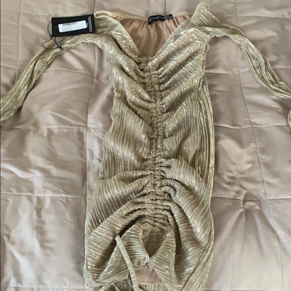 gold metallic plisse ruched front bardot bodycon dress